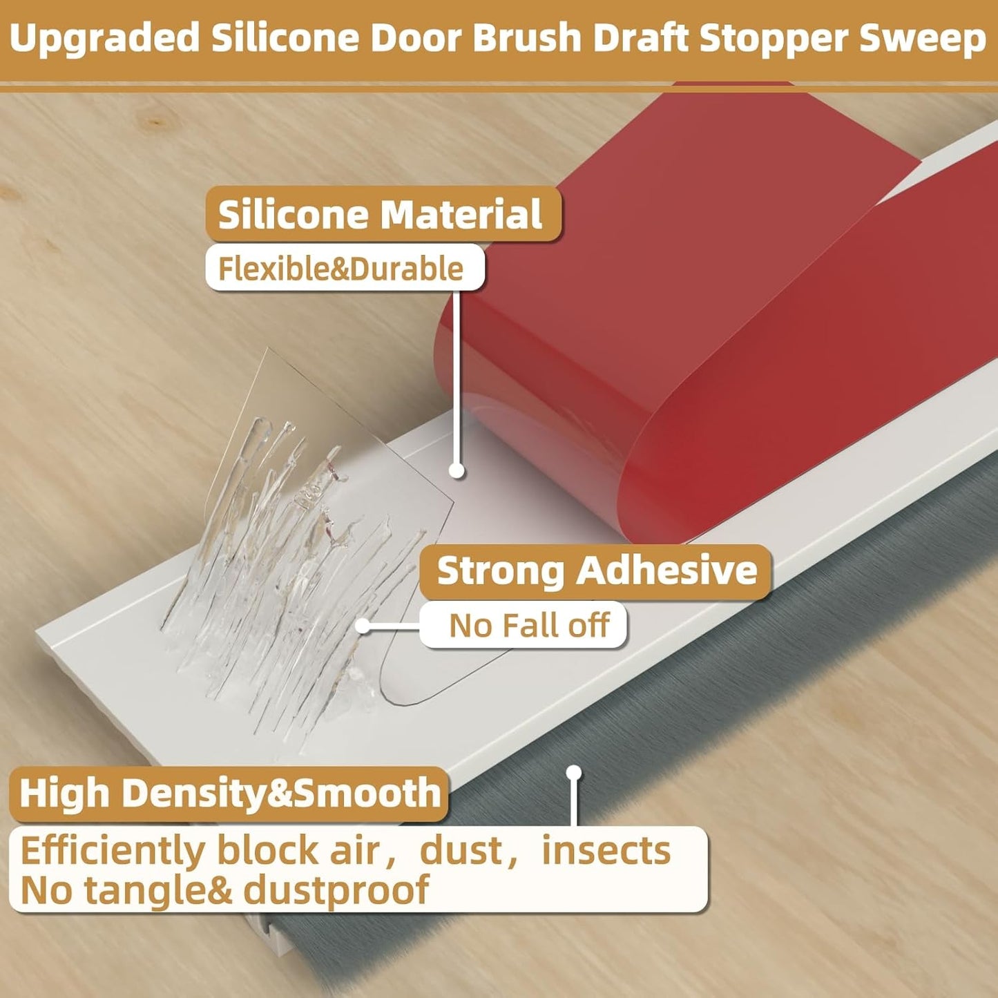 cuysfead 39" Door Draft Stopper for Bottom of Door with Brush,Strong Adhesive Under Door Sweep for Exterior & Interior,Soundproof Door Gap Filler Bottom Seal Dust Blocker and Noise Stopper,White