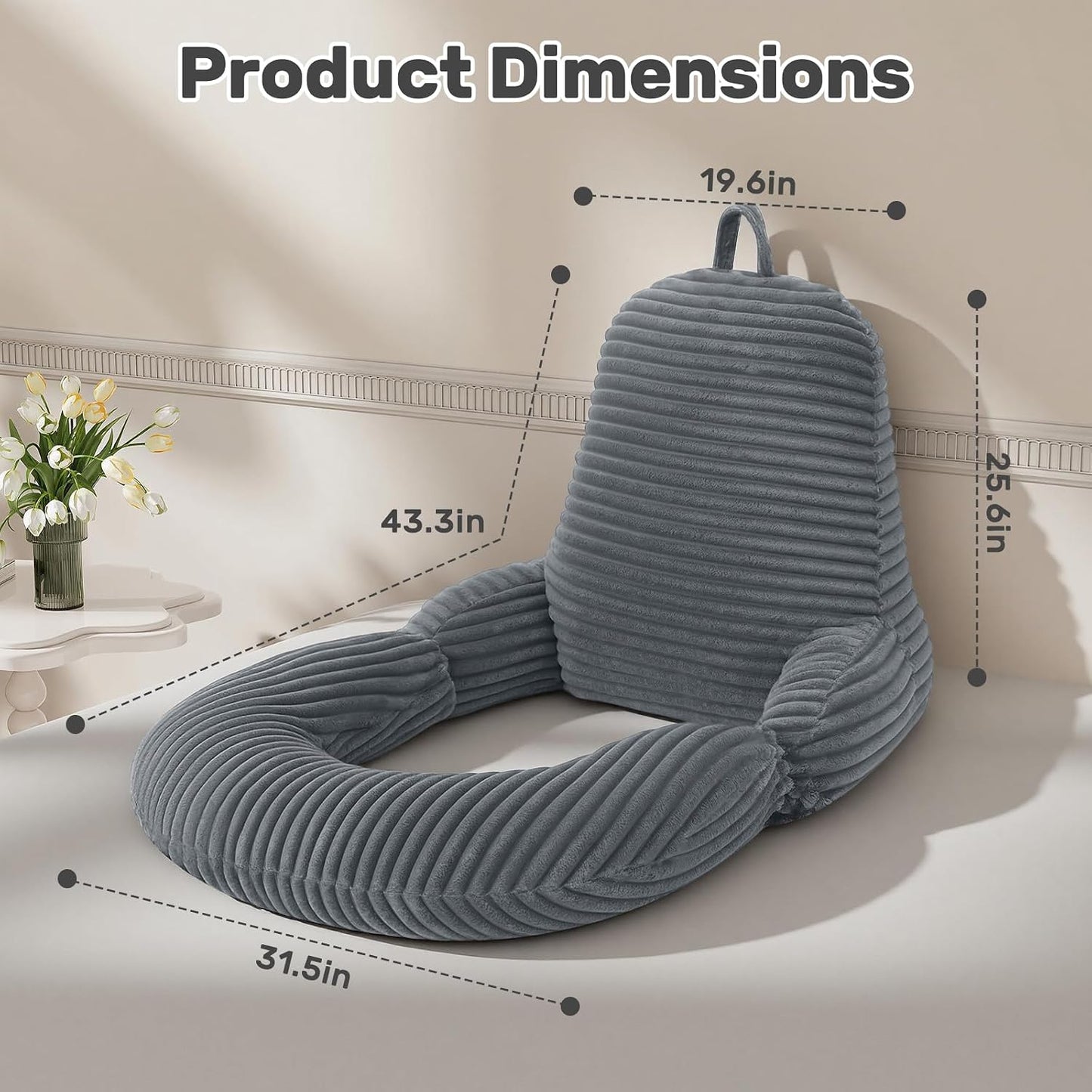 Reading Pillow for Bed, Backrest Pillow with Arms for Adult | Bed Pillow for Sitting Up, Back Support Pillows for Sleeping, Reading and Gaming with Shredded Memory Foam, Gray