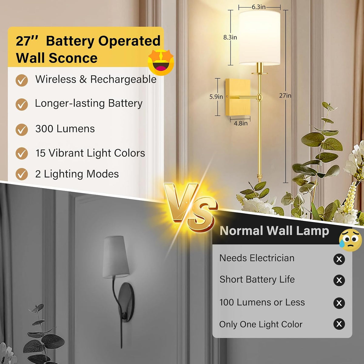 Battery Operated Wall Sconces Set of 2, Rechargeable Sconces with Remote