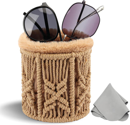 RayLove Glasses Holder for Nightstand, Boho Decor Eyeglass Case, Plush Lined Glasses Holder Stand for Office Desk Organizer