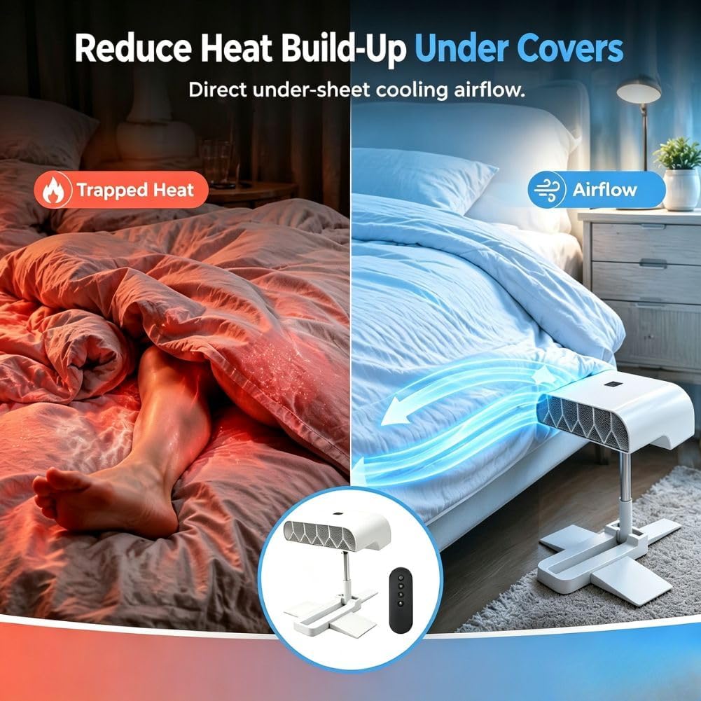 Bed Fan Under Sheets, 5 Speeds Cordless Cooling System with Remote
