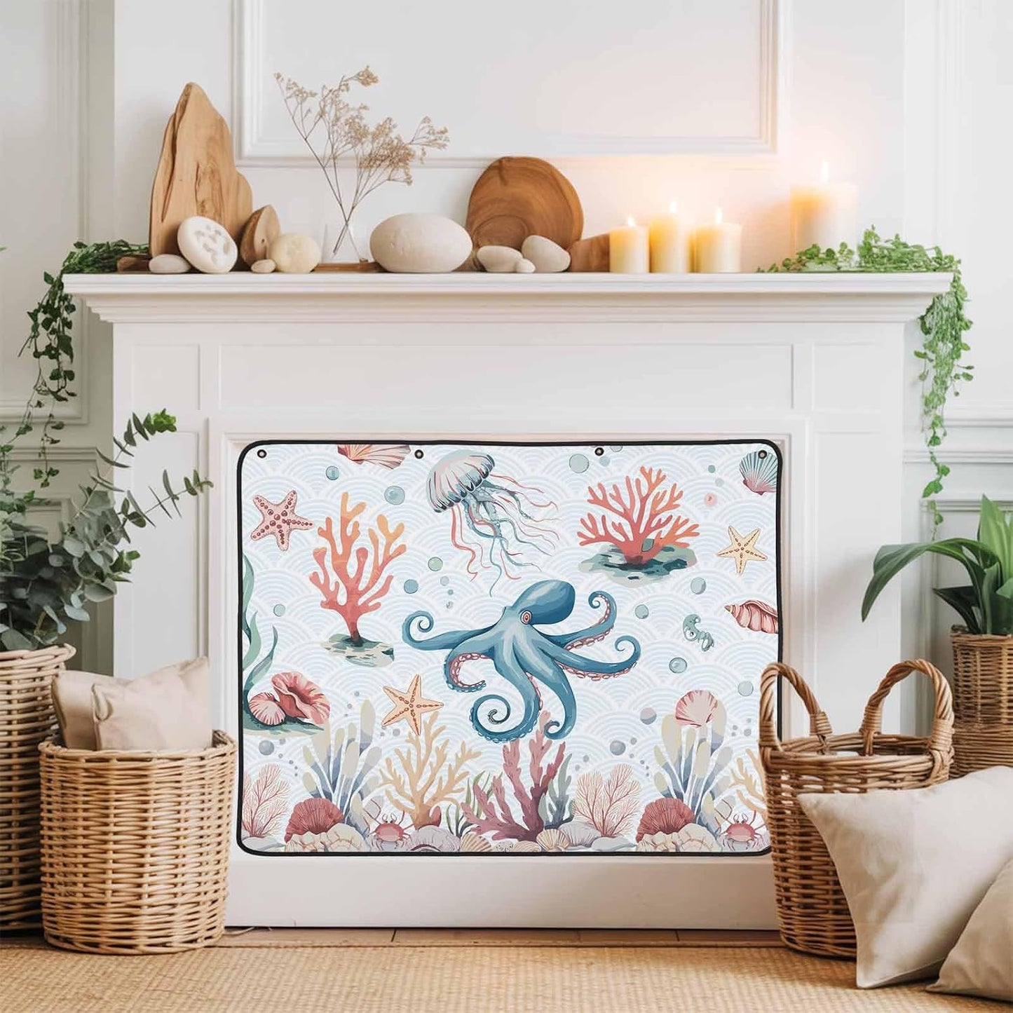 Magnetic Fireplace Cover Turtle Coral Starfish Fireplace Screen Decorative Shell Ocean Marine Life Insulation Fireplace Blocker Save Energy Fireplace Draft Stopper Covers for Living Room 39x32 Inch