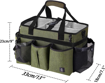 Large Cleaning Caddy Bag Built-in hard plastic sheet Aluminum foil lining | Waterproof nylon, aluminum foil lining, detachable dividers, dual straps for housekeepers