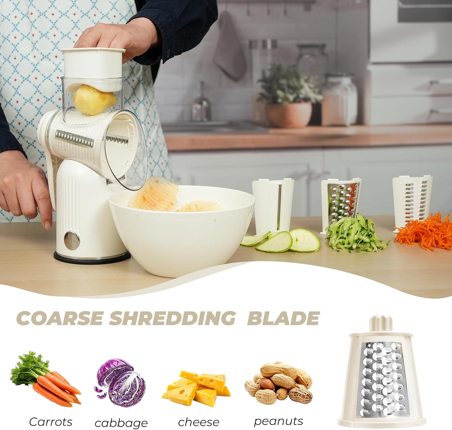 Rotary Cheese Grater Manual Hand Crank with 5 Blades & Suction Base, Kitchen Vegetable Shredder Slicer for Veggie, Nuts, Fruit, Cream