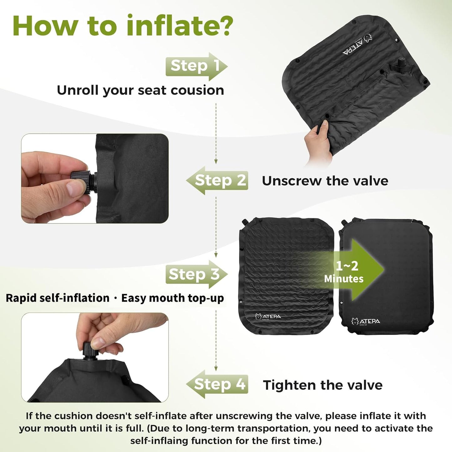 ATEPA Inflatable Seat Cushion | 2" & 2.5" foam core seat pad, Self inflating, Compact, Stadium, Airplane, Travel, Camping, Hiking, Sports events