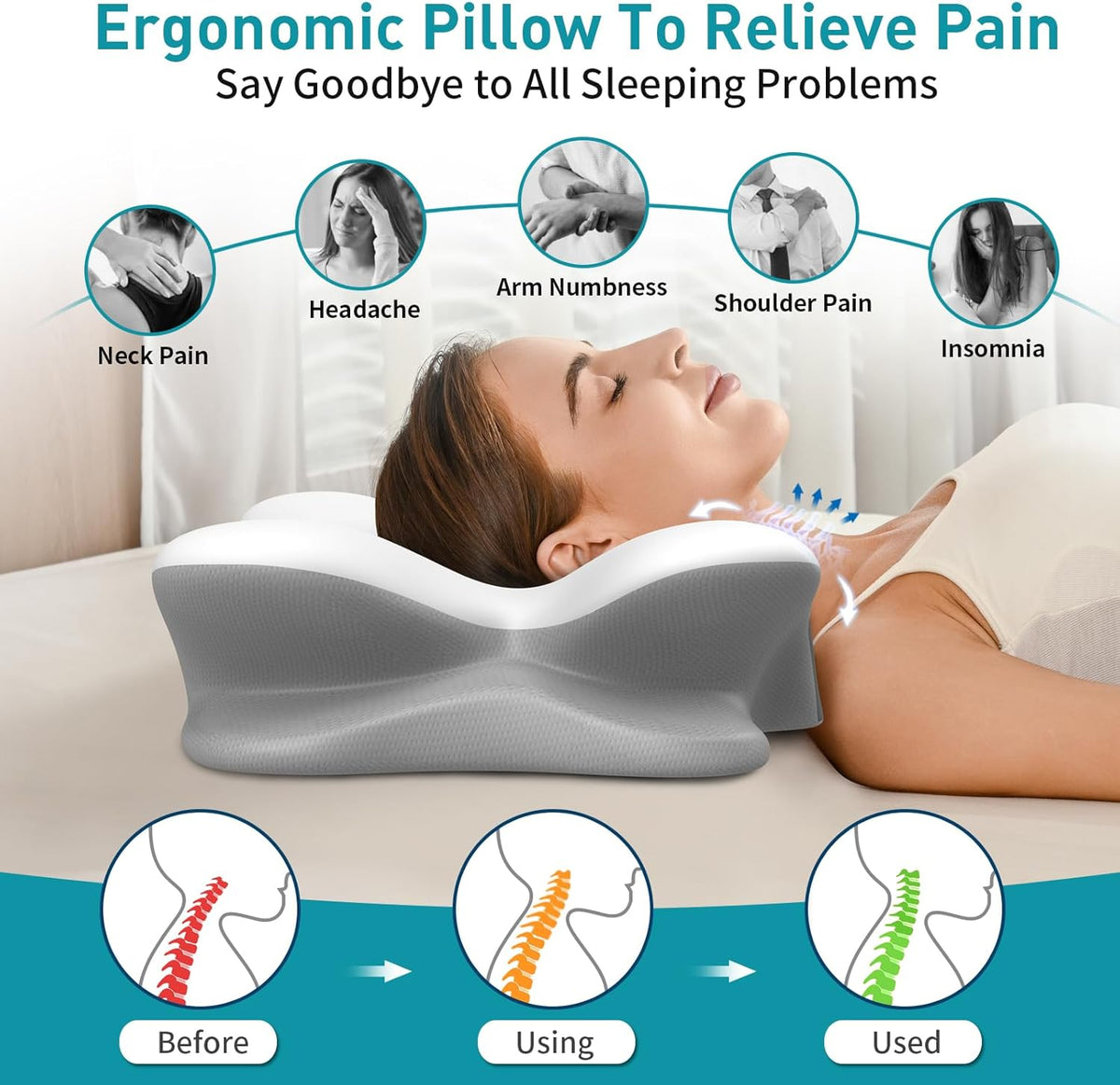 Cervical Pillow for Neck Pain Relief, Ergonomic Neck Pillow for Sleeping, Contour Pillow for Neck Support, Memory Foam Pillows for Side Back Stomach Sleepers(White&Grey)