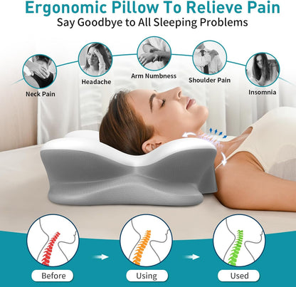 Cervical Pillow for Neck Pain Relief, Ergonomic Neck Pillow for Sleeping, Contour Pillow for Neck Support, Memory Foam Pillows for Side Back Stomach Sleepers(White&Grey)