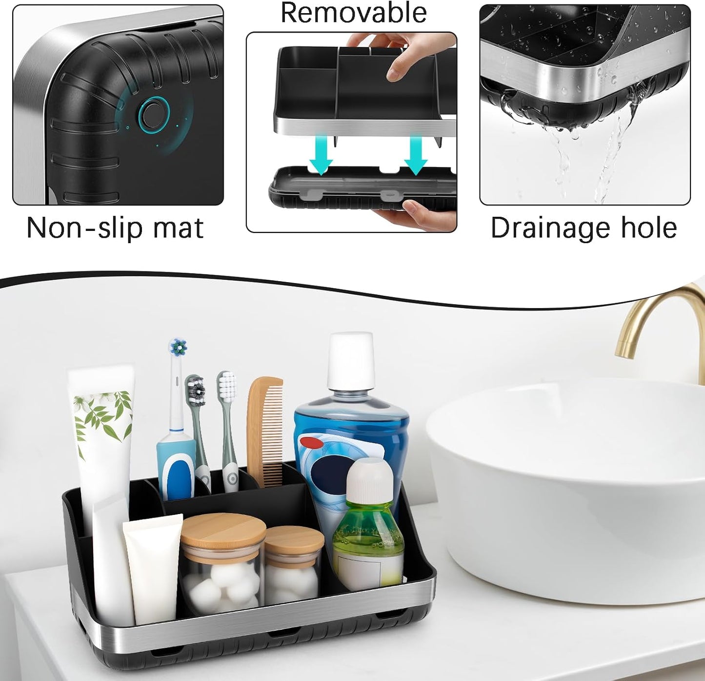 GFWARE Black Toothbrush Holder - 7 Slots Bathroom Organizer Countertop with Drainage Matte Black Electric Toothbrush and Toothpaste Holder for Bathroom Accessories Sink Storage