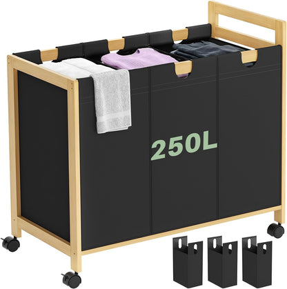 250L Laundry Sorter with Wheels, 3-Section Laundry Hamper, Black | 66 Gal Large Laundry Cart with Removable Bags, Rolling Laundry Basket, Water-Resistant, Bamboo Frame, Laundry Room Organizer