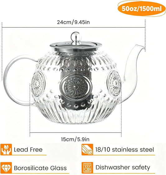 Glass Teapot with Infuser - 50oz Stovetop Kettle for Loose Leaf Tea | Borosilicate Glass Tea Maker with Vintage Sunflower Design, Heat Resistant Tea Pot with Handle, Includes Insulation Pad