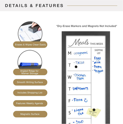 MCS Dry Erase Weekly Meal Planner Black Framed Calander Whiteboard, 11x24 | Dry Erase Weekly Meal Planner Black Framed Calander Whiteboard Frame, 11x24 Inch