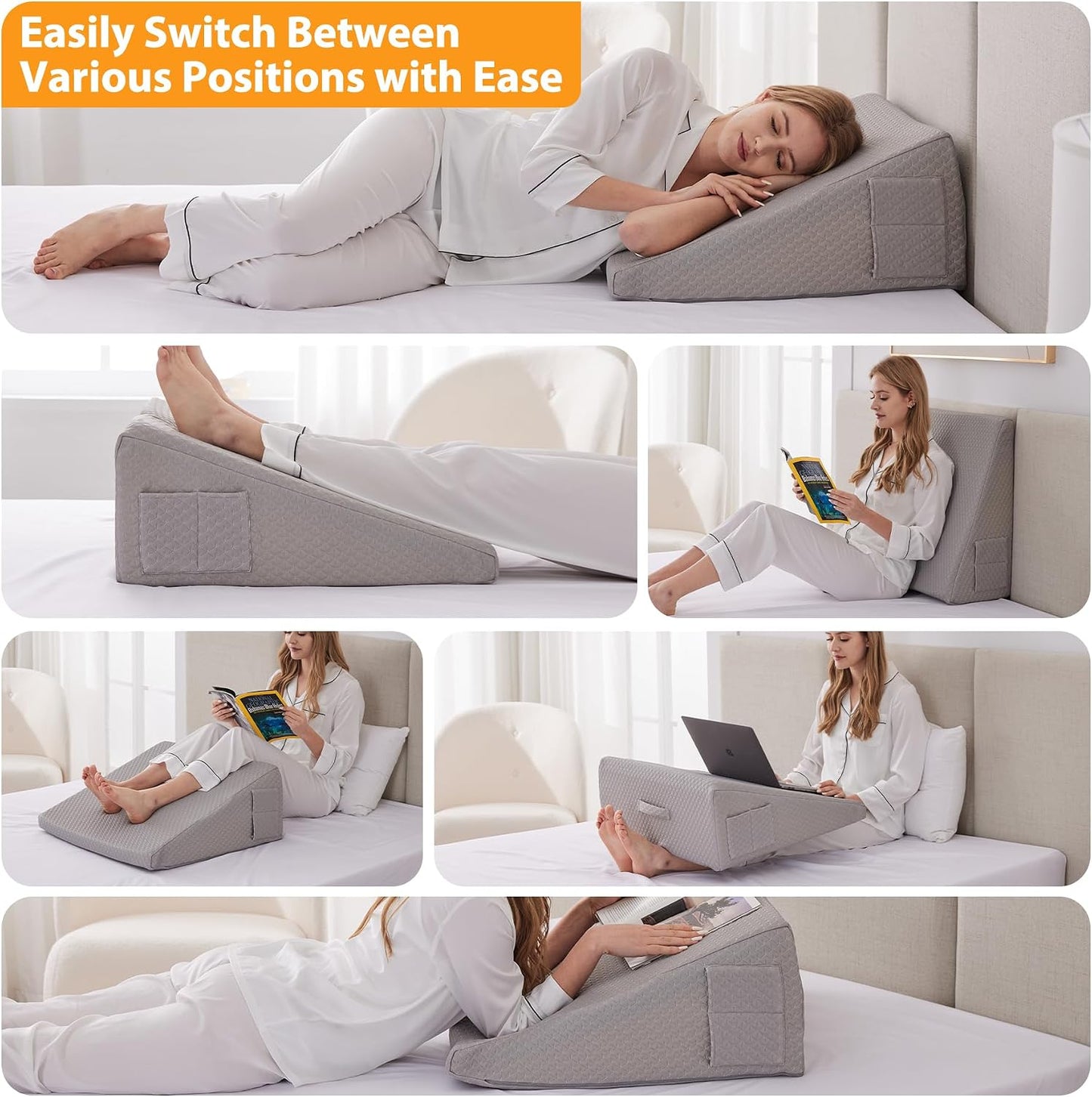 Ruqmuis Wedge Pillow for Acid Reflux, Bed Wedge Pillow for Headboard 10", Pillow Wedge for Back Pain Relief, Post Surgery, Elevated Pillows for Sleeping, Snoring, Triangle Pillow with Cover, White