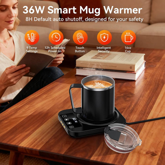 Coffee Mug Warmer & Mug Set for Desk, Electric Coffee Warmer with 16oz Mug | 36W Smart Coffee Heater with Temperature Control, Auto Shut Off & 9 Temp Settings, Gifts for Men Women, Black