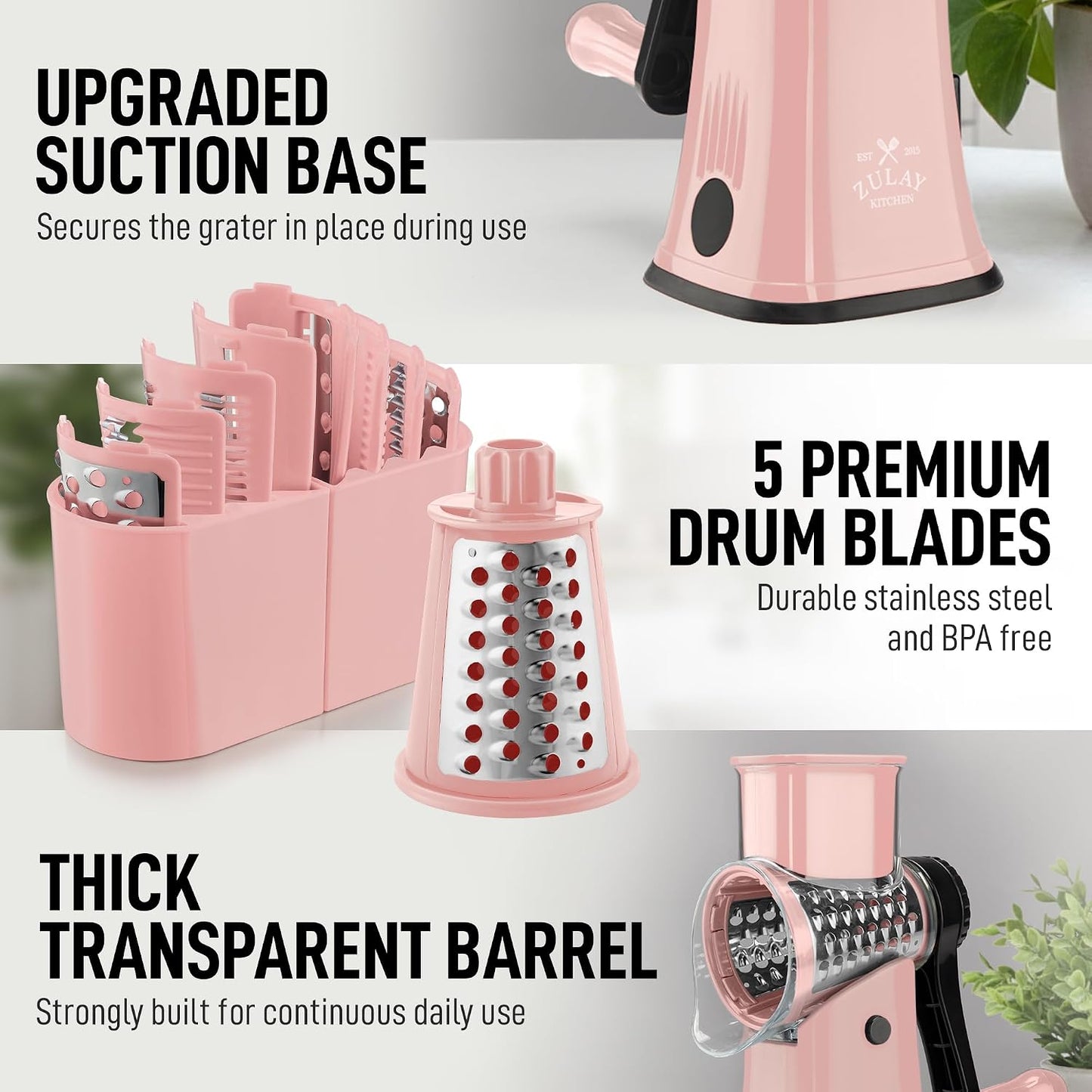 Zulay Kitchen Rotary Cheese Grater 5 Blade Cheese Shredder - Manual Hand Crank Cheese Grater With Reinforced Suction & 5 Interchangeable Drums - Easy to Use, Vegetable Chopper Round Mandoline Slicer - Colors A