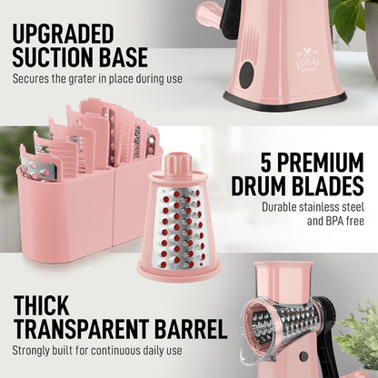 Zulay Kitchen Rotary Cheese Grater 5 Blade Cheese Shredder - Manual Hand Crank Cheese Grater With Reinforced Suction & 5 Interchangeable Drums - Easy to Use, Vegetable Chopper Round Mandoline Slicer - Colors A