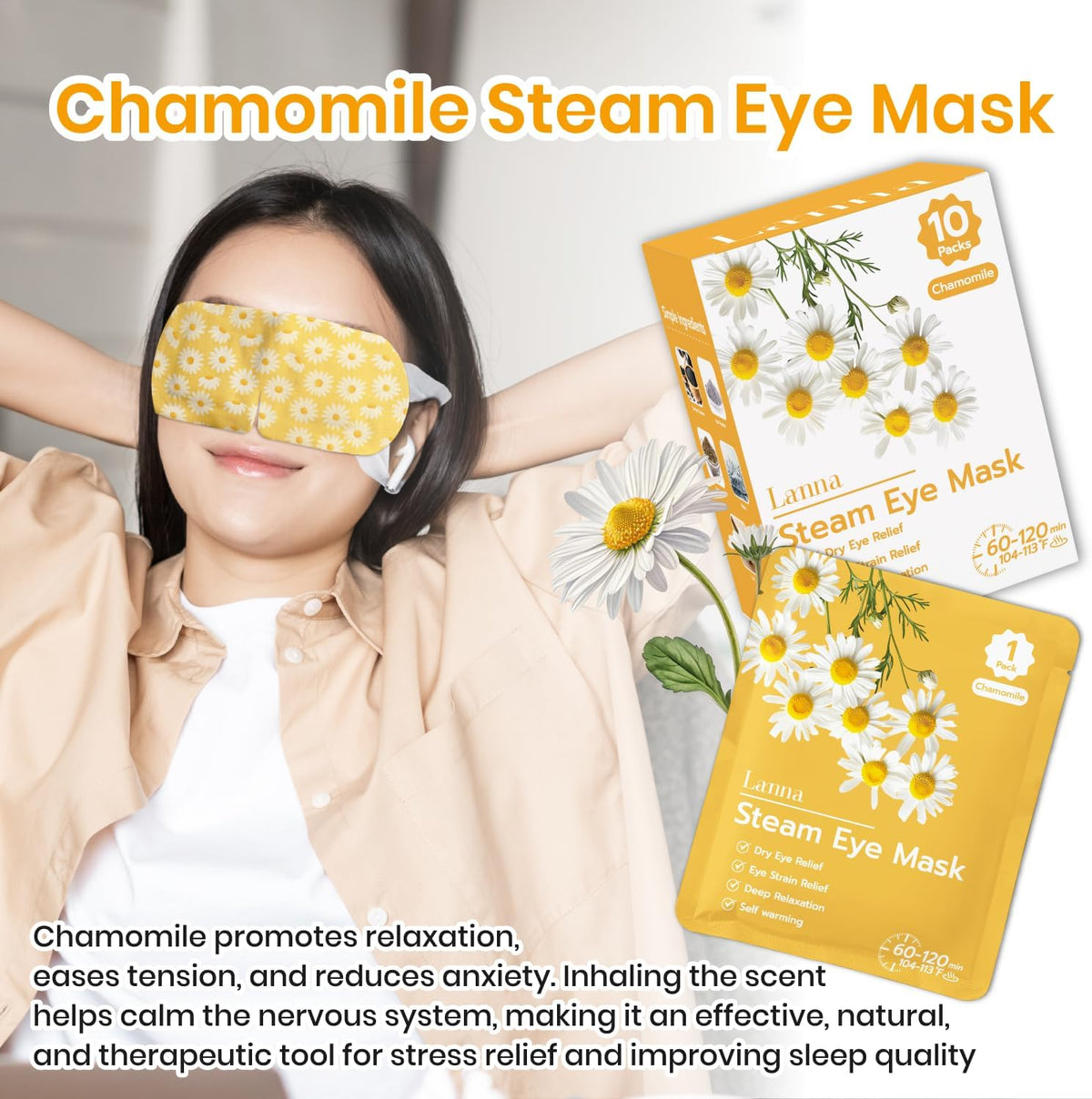 LANNA Heated Steam Eye Mask, Disposable 120 Minutes, Lavender Scent, 5 Pcs