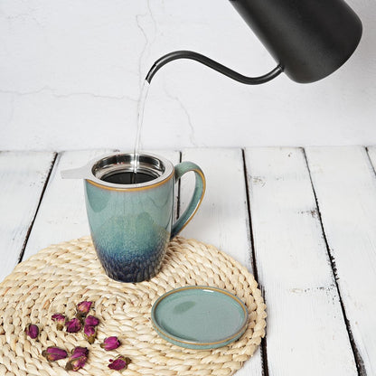 Bosmarlin Ceramic Tea Cup with Infuser and Lid, 13.5 Oz, Loose Leaf Tea Steeper Mug with Strainer, Microwave and Dishwasher Safe, Reactive Glaze (13.5 Oz, Pale Green)