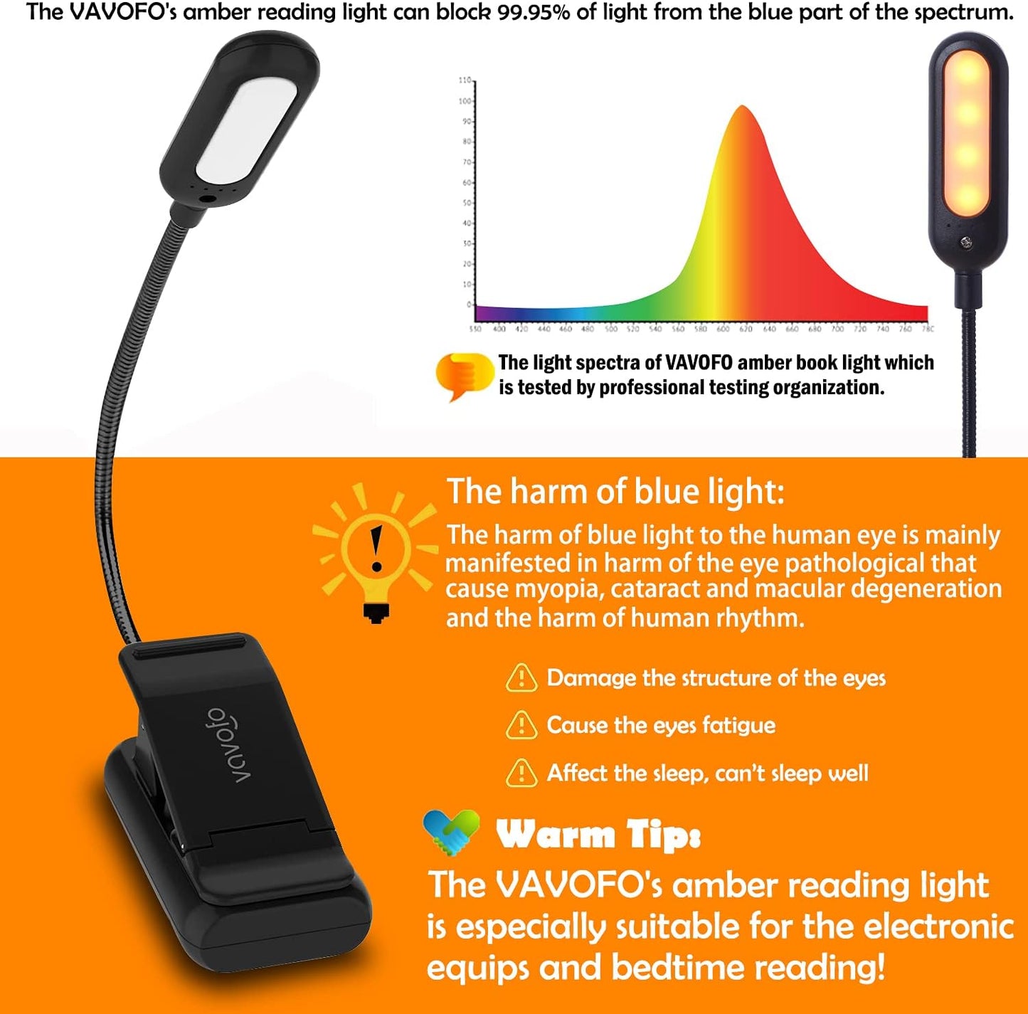 VAVOFO Rechargeable Book Light, Blue Light Blocking, Amber 1600K Clip On Reading Light, Eye Care 7 LEDs Kids Book Light for Reading in Bed with Power Indicator for Bookworms (Neon Orange)