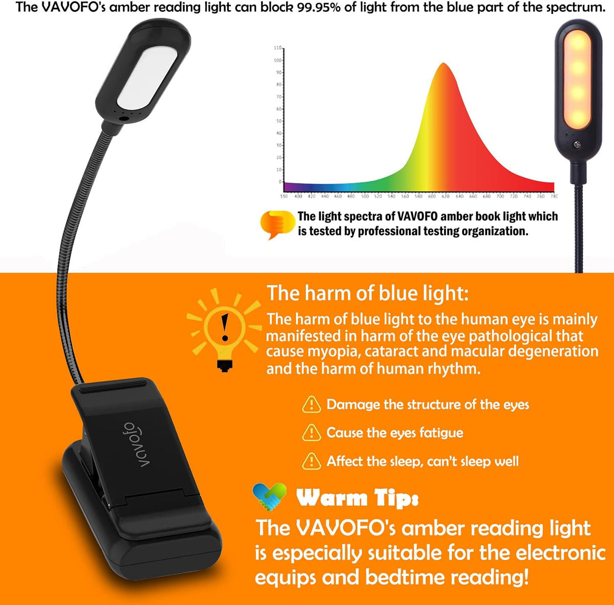 VAVOFO Rechargeable Book Light, Blue Light Blocking, Amber 1600K Clip On Reading Light, Eye Care 7 LEDs Kids Book Light for Reading in Bed with Power Indicator for Bookworms (Neon Orange)