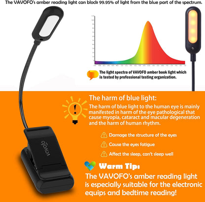 VAVOFO Rechargeable Book Light, Blue Light Blocking, Amber 1600K Clip On Reading Light, Eye Care 7 LEDs Kids Book Light for Reading in Bed with Power Indicator for Bookworms (Neon Orange)
