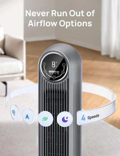DREO Tower Fan for Bedroom, 26ft/s Velocity, 90° Oscillating, 8H Timer