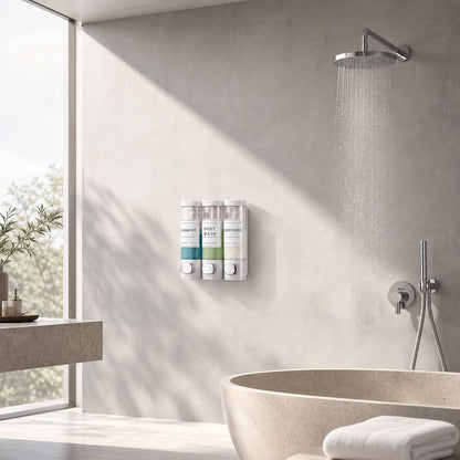 Shampoo and Conditioner Dispenser, Shower Soap Dispenser Wall Mounted, Shampoo Dispenser for Shower Wall No Drill, Bathroom Body Wash Dispenser 2 * 350ml White 2 Chamber