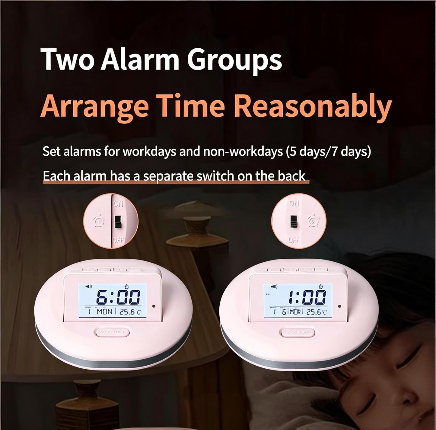Vibration Alarm Clock for Heavy Sleepers Silent Wake Up Bed Shaker | 2 Alarms, Snooze, Backlit, Countdown Timer, for Students Dorm