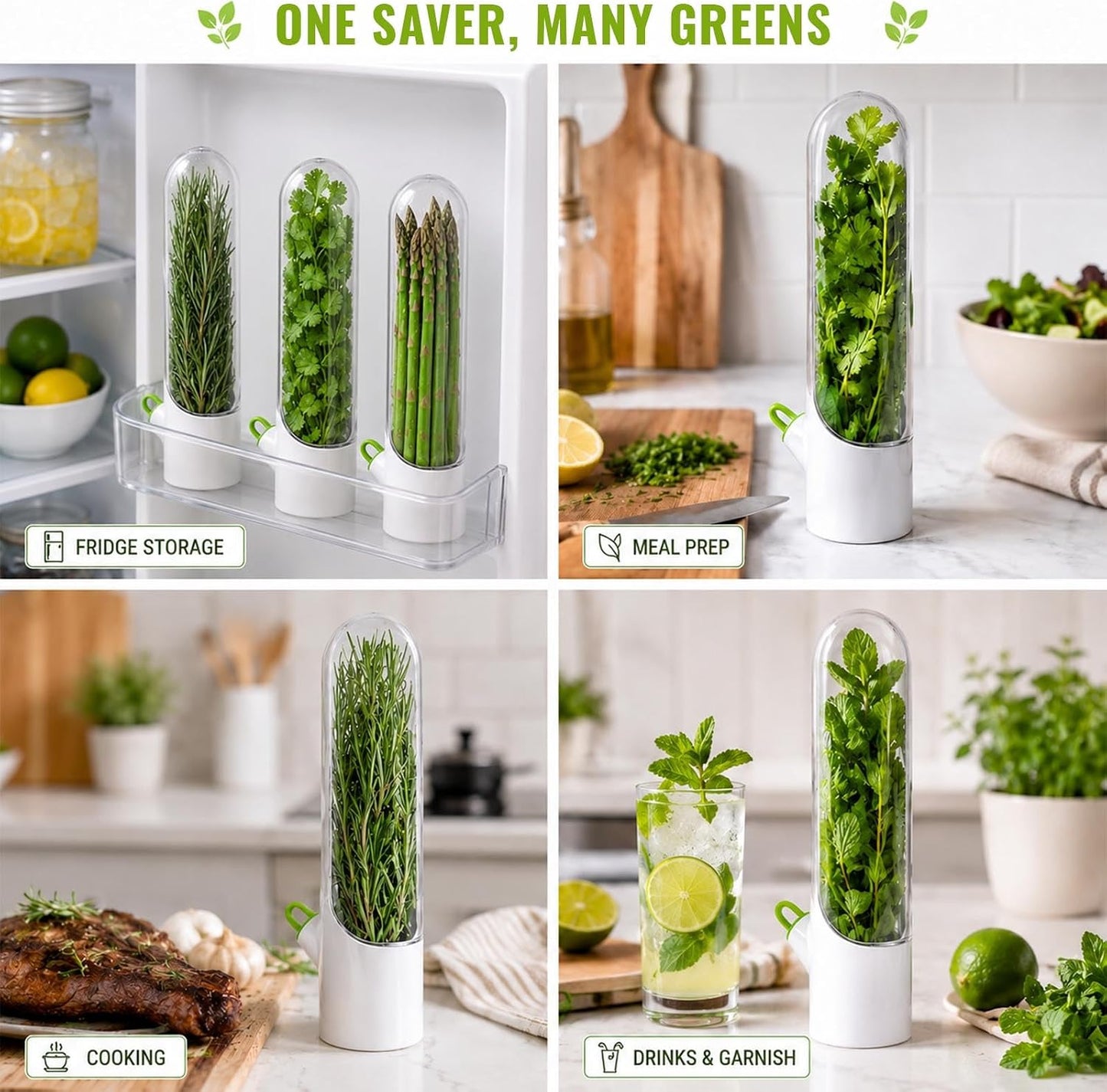 3 Pack Herb Keeper for Fridge with Water Reservoir, 2.65 x 9.65 in | 3 slim herb pods; clear covers; water reservoirs; fits cilantro, parsley, mint, rosemary and green onions; 2.65 x 9.65 in