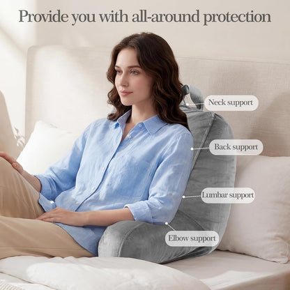 Reading Pillow for Bed with Arm Support, Large Backrest Cushion for Sitting Up in Bed, Plush Ergonomic Back Pillow for Reading, Watching TV, Gaming & Relaxing,Pillow with Shredded Memory Foam,Grey
