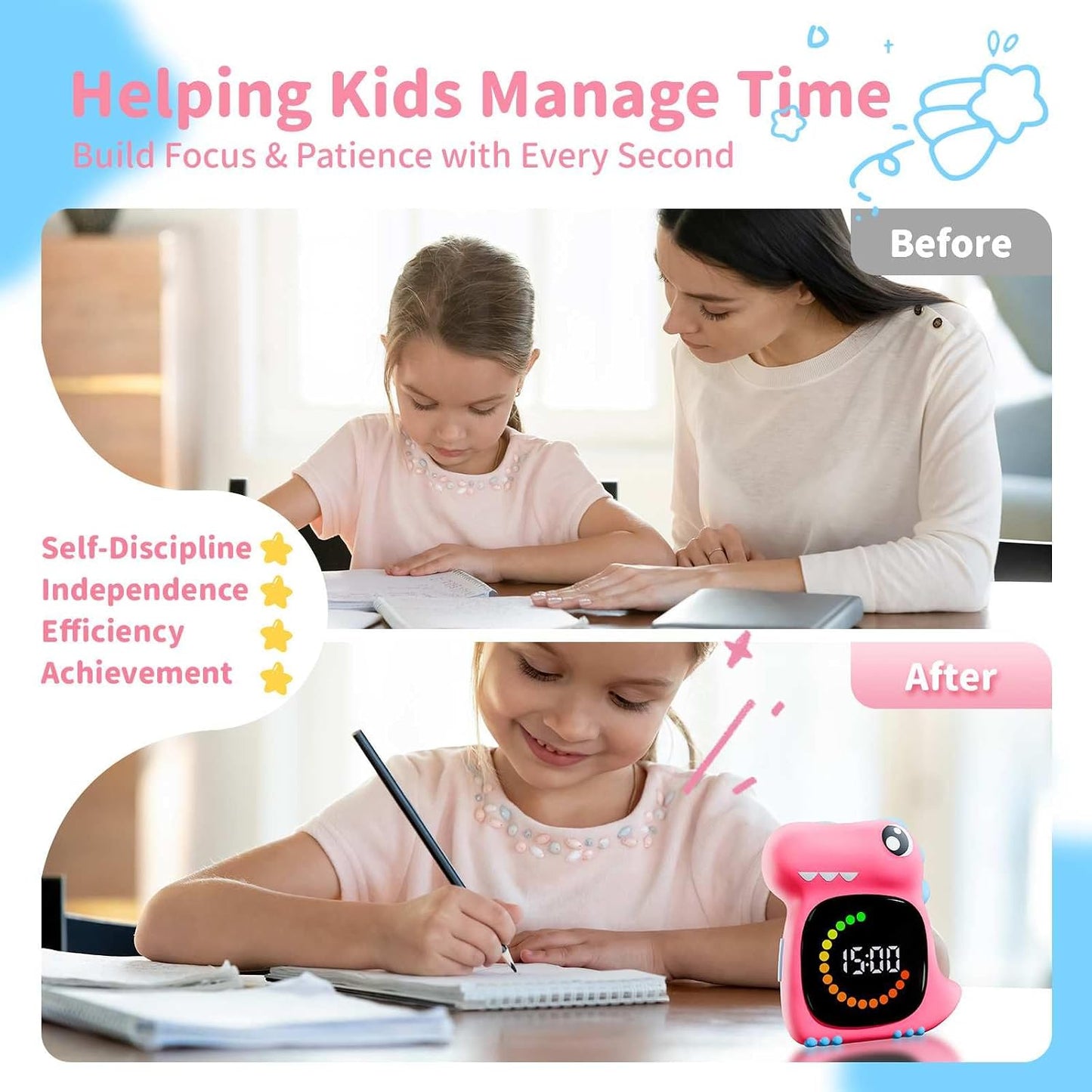 Pink Dinosaur Visual Timer for Kids, Girls Potty Training Timer | Color Countdown, Rechargeable, LED Screen, 99 Minute, Toddler, Children, Transition, 2-Min Toothbrush Setting, Hand Washing