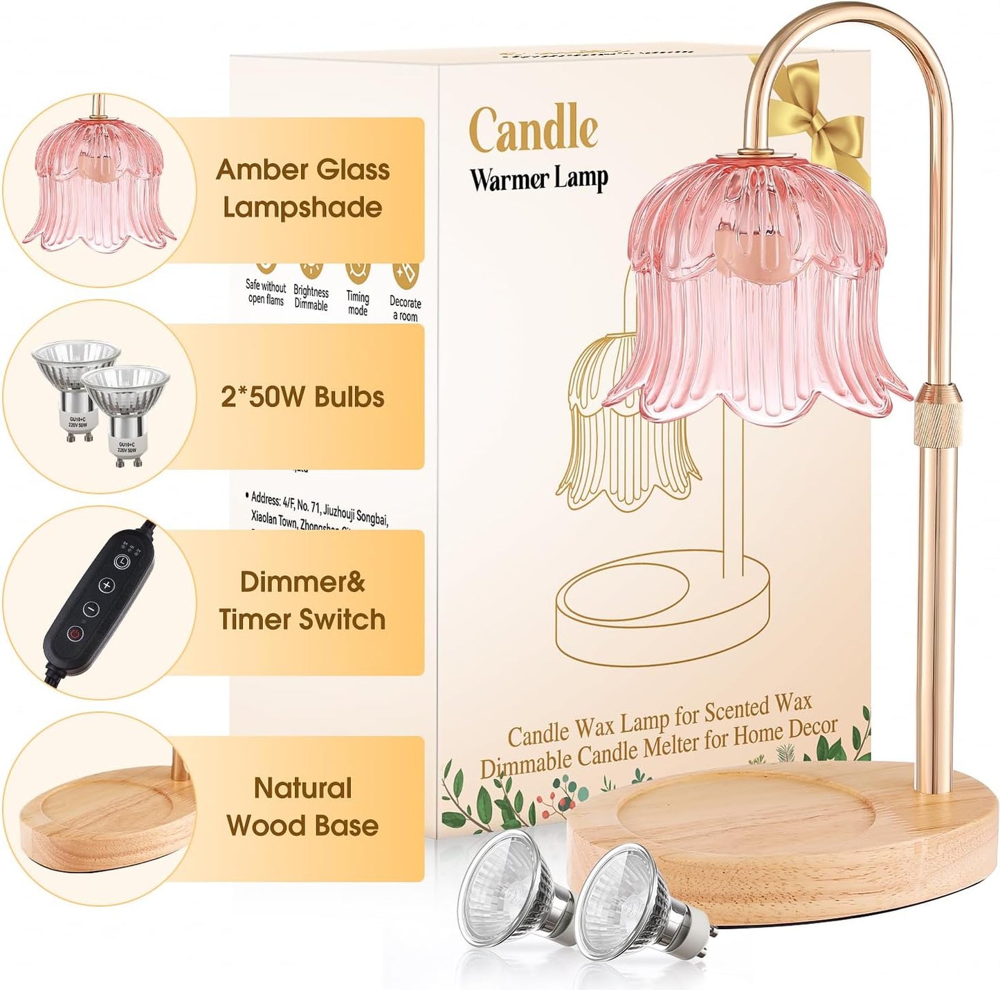 Candle Warmer Lamp Adjustable Timer - Electric Flower Glass Candles Light | Height Adjustable Dimmable Vintage Base Modern Wax Candles Jar Top Warmers Wax Melts Birthday Women Mom House Warming Gifts