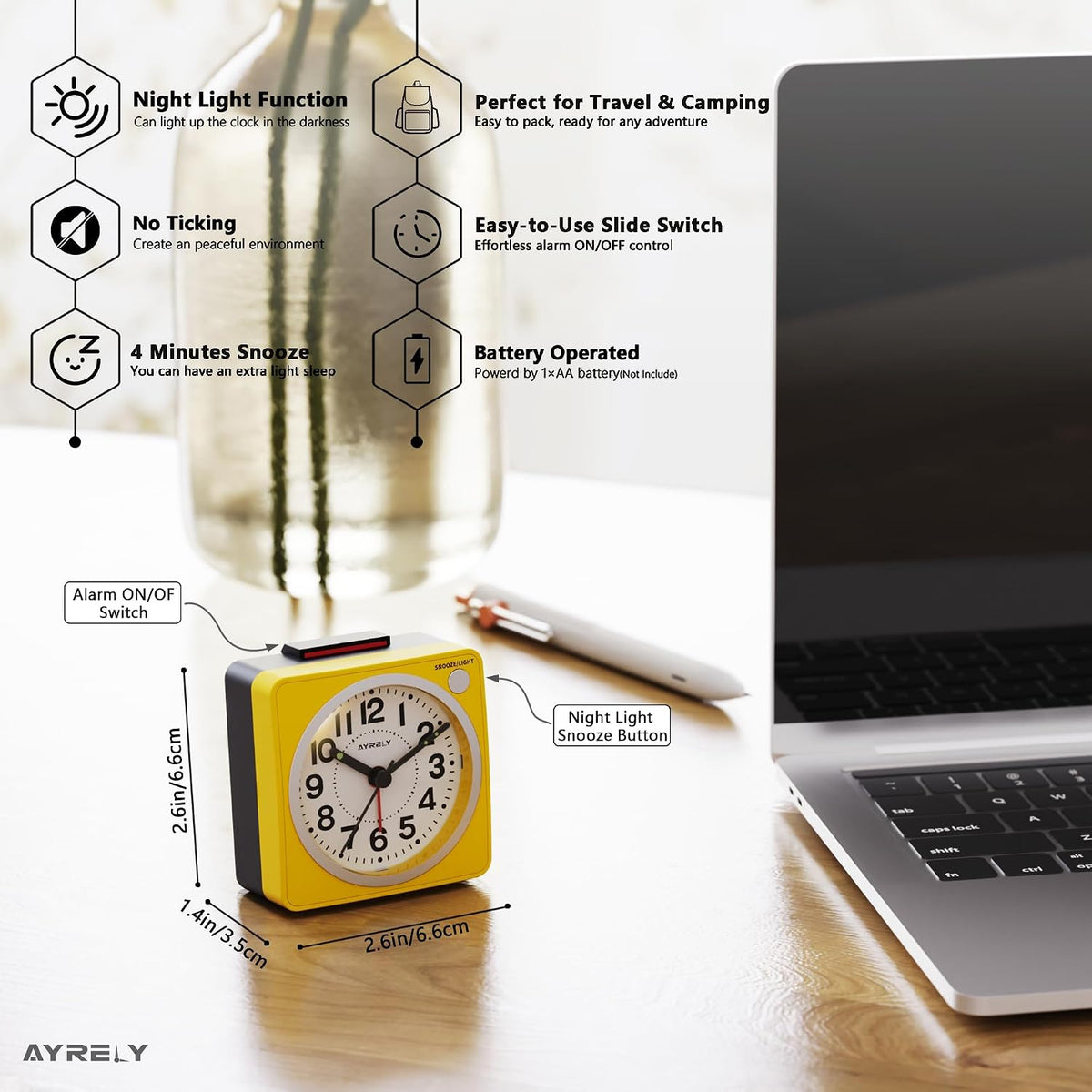 AYRELY® 2.6" × 1.4" Ultra Small Battery Operated Analog Travel Alarm Clock