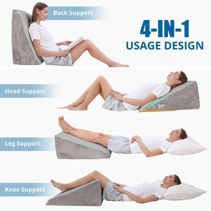 Sasttie Wedge Pillow 24x24x12 inch, Memory Foam Bed Wedge, Cool Grey | Triangle Pillow for Sleeping, Acid Reflux, Back Pain, Post-Surgery, and Snoring, Designed with Removable Washable Cover