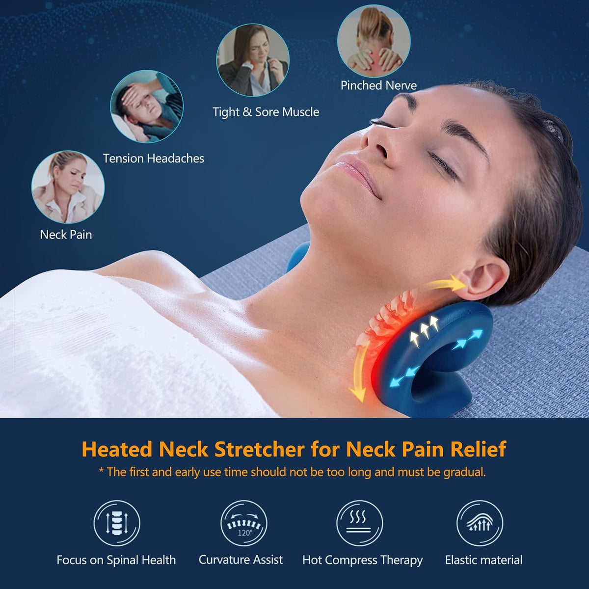 Neck Stretcher for Neck Pain Relief, Heated Cervical Traction Device Pillow with Graphene Heating Pad, Neck and Shoulder Relaxer for TMJ Pain Relief and Cervical Spine Alignment (Dark Blue)