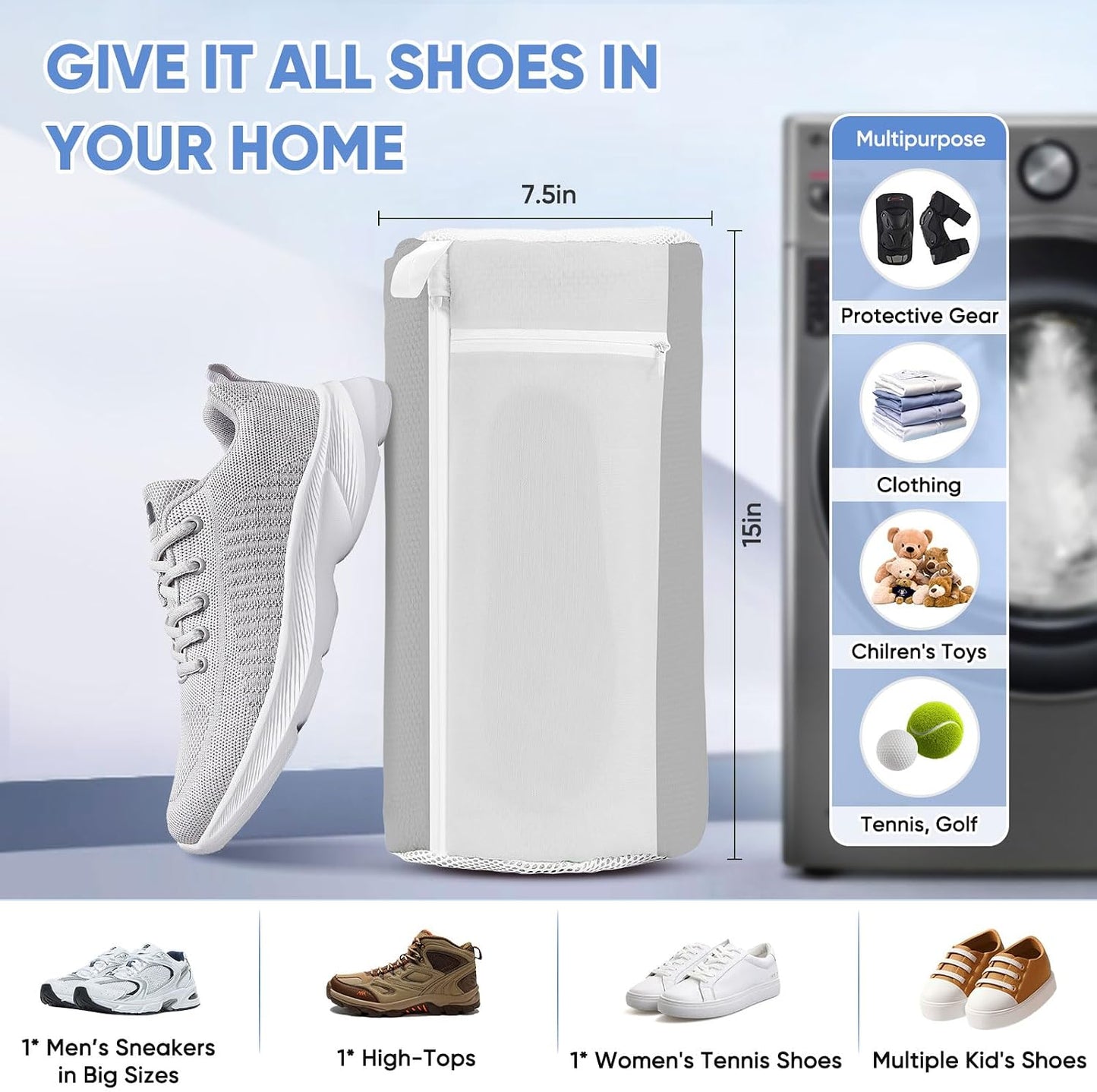 2 Pack XXL Shoe Washing Machine Bag, 700 GSM Heavy Duty Shoes Cleaning Bag with Anti-Tangle Mesh Pocket, 2 Adjustable Shoe Trees Keep Shape, Reusable Sneaker Laundry Bag for Frequent Wash, White
