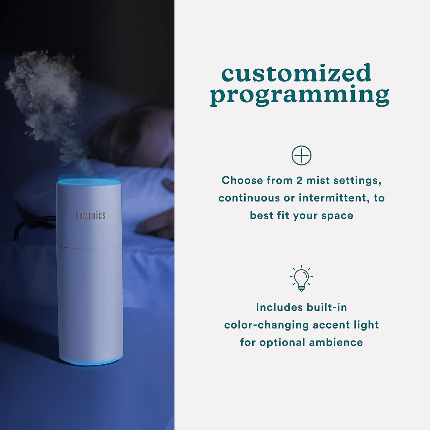 Homedics Portable Humidifier - Small Air Humidifiers for Bedroom, Plants, Office, Travel - Cool Mist Humidifiers, Color-Changing Accent Light, 2 Mist Settings, Matte Black