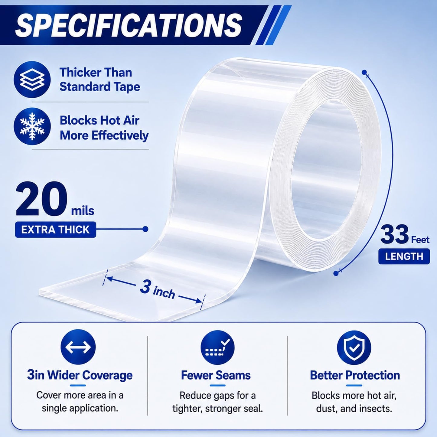 SWRT Window Sealing Tape, 3 in x 33 ft, 20 Mil Thick, Weather Sealing Tape | Blocks Hot Air & Drafts; 20 Mil Heavy-Duty Seal; 3 in Wide Gap Coverage; Clean Seasonal Removal; Easy Cut-and-Press Use