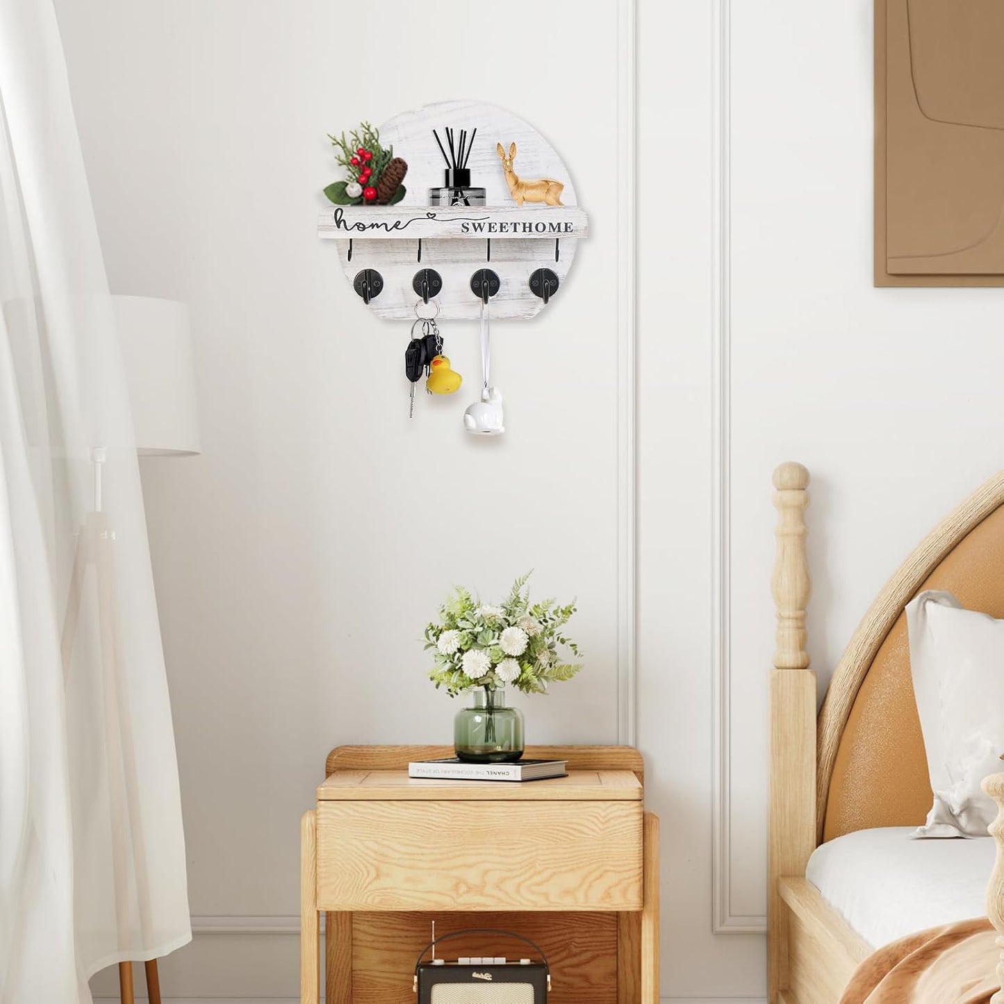 Key Holder for Wall, Key and Mail Holder Organizer - Key Holder Wall Mount with Bouquet Shelf and Key Hooks, Round Wooden Rustic Key Rack for Entryway and Home Decor (Black)