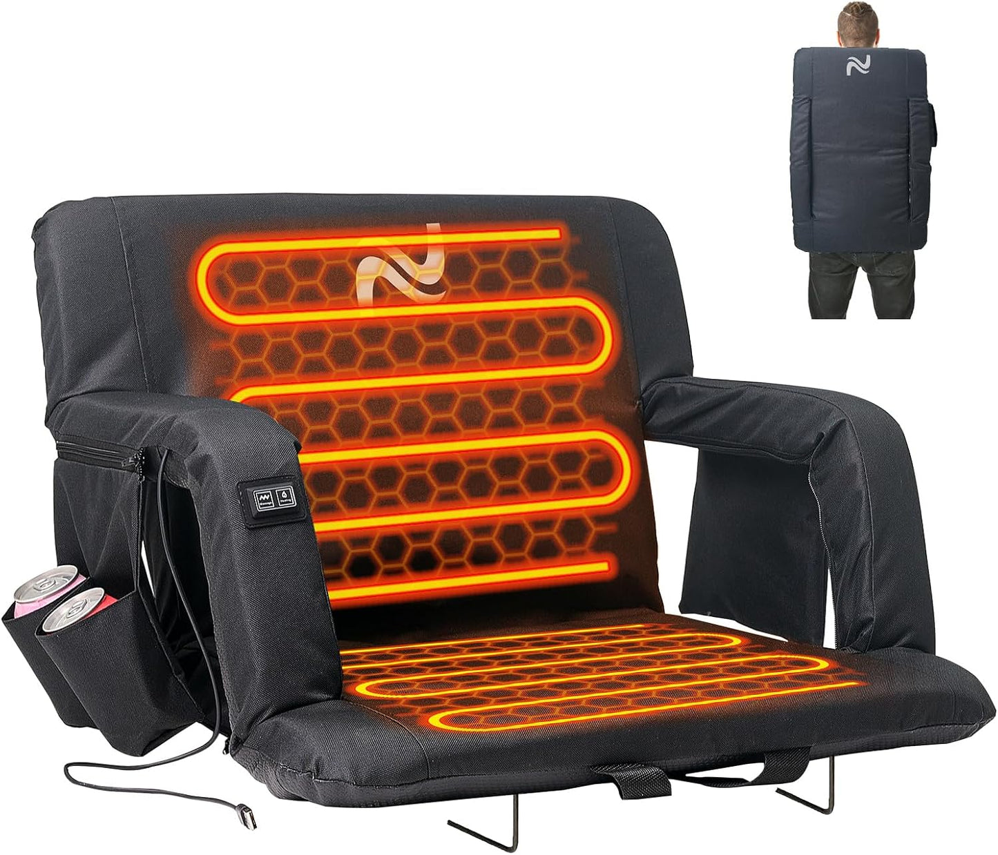 25in 5.12" Extra Thick&Wide Heated Stadium Seat for Bleachers | Sofa Style Design Thick Bleacher Chair With Back and Comfy Cushion, 6 Reclining Positions, 3 Heat Levels (NO Battery)