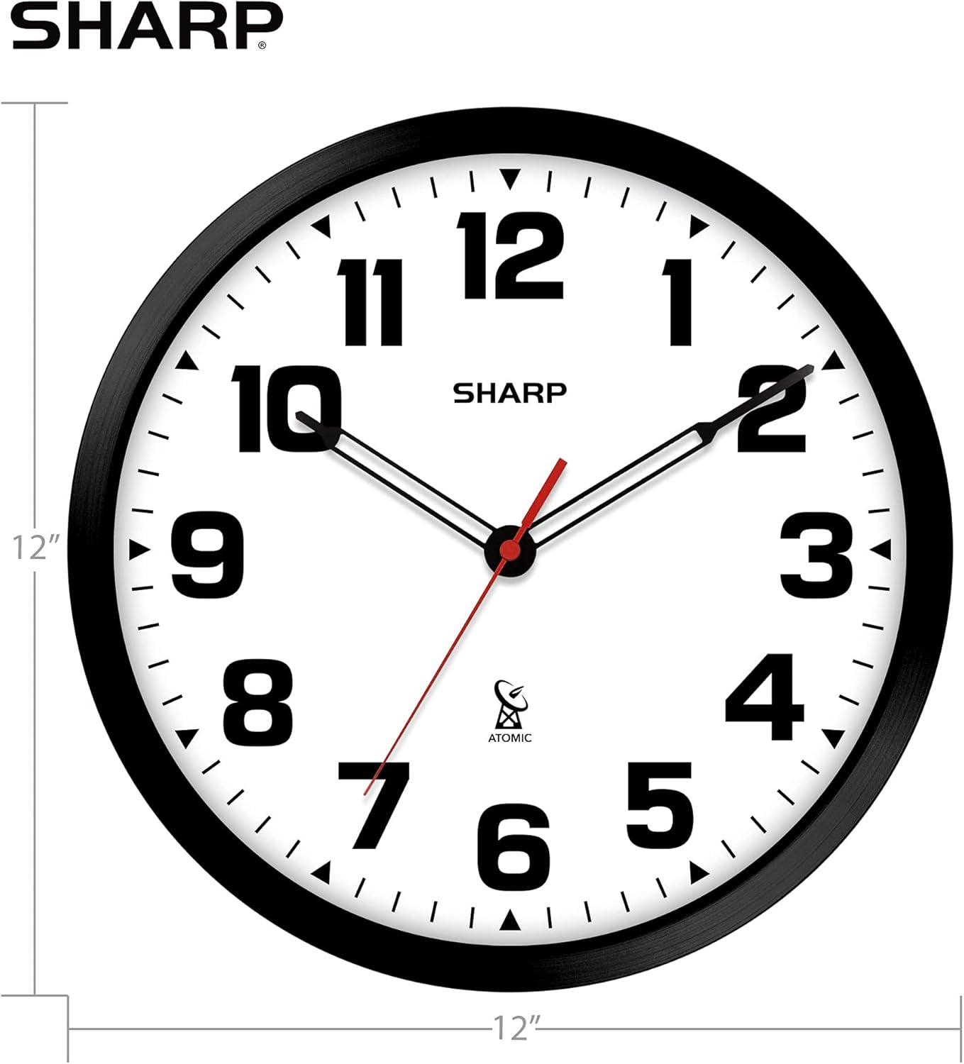 Sharp 12-Inch Atomic Wall Clock, Battery Operated, White with Black Frame | Self-setting atomic time; Easy-read analog face; Automatic time adjustment; Simple setup; Versatile home or office style