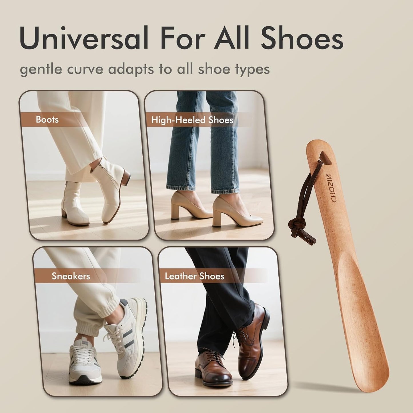 CHOSIN Shoe Horn for Kids Men Women, Portable Shoe Spoon Boot Horn Helper, 2pcs wooden shoehorn for Home or Travel