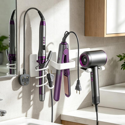 Hair Dryer Holder Wall Mount, Easy Assemble Hair Tool Organizer | 3 in 1 Metal Dryer Rack with Blow Dryer Holder & Curling Iron & Straightener Storage for Salo ＆ Bathroom (Matte Black)