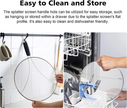 Splatter Screen for Frying Pan - 9.8" 11.4" 13" Stainless Steel Fine Mesh Grease Splatter Guard with Silicone Handle, Hot Oil Splash Guard for Cooking to Prevent Oil Splatter, Safe Cooking