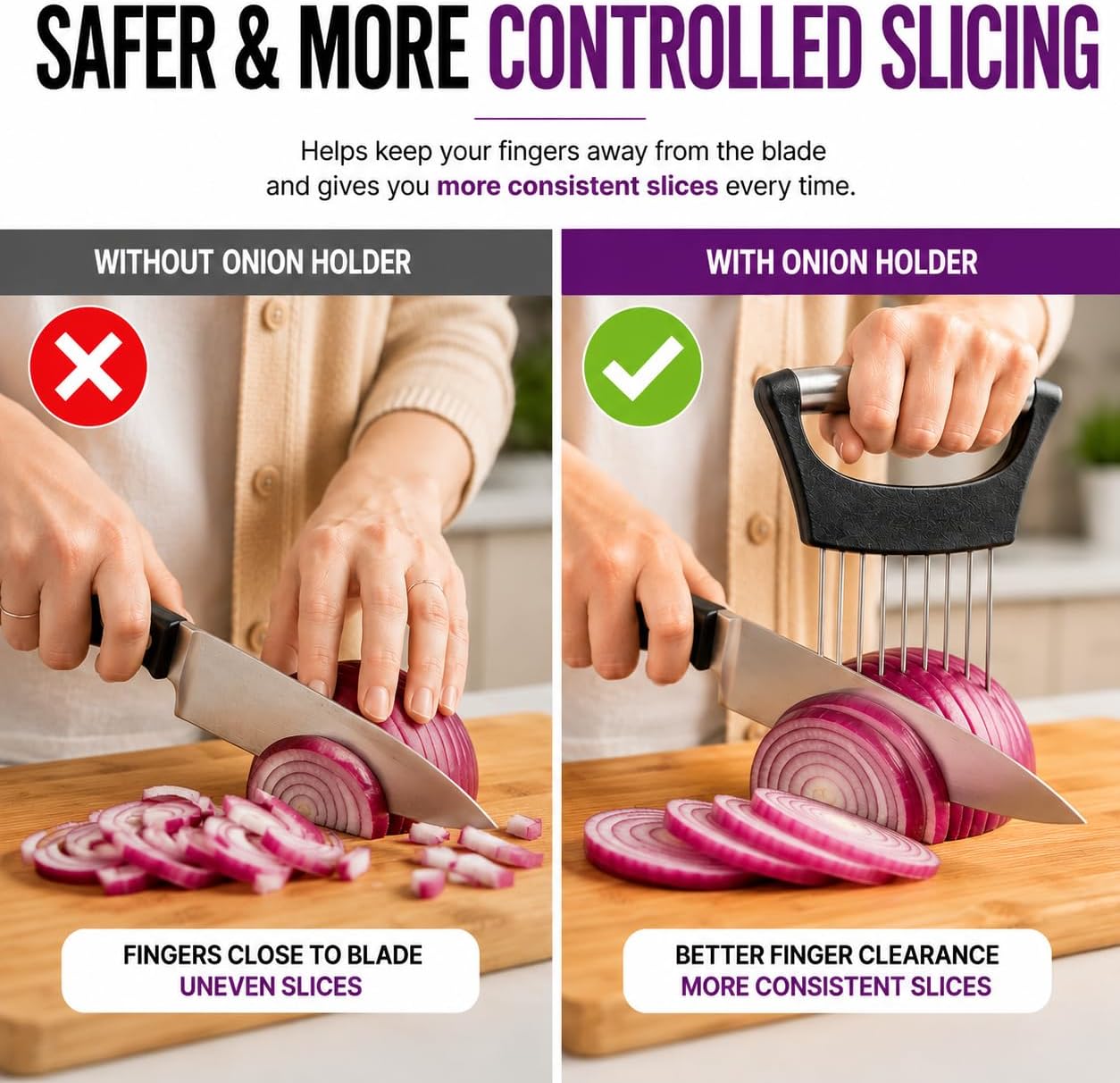 Onion Slicer Holder, 304 Stainless Steel Onion Cutter Tool with 10 Prongs, Vegetable Cutting Guide for Safe & Even Slicing, Food Prep Holder for Onion, Tomato & Potato