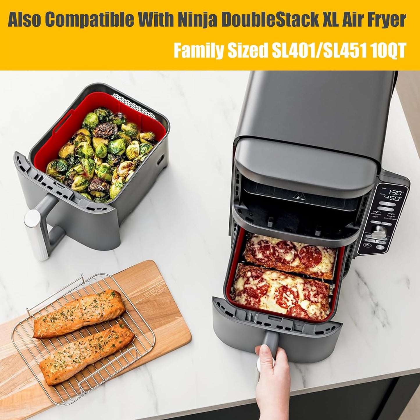 2Pcs Air Fryer Silicone Liners Rectangular for Ninja Foodi Dual DZ201 8QT | DZ090 6QT/Ninja DoubleStack SL201 8QT, MMH Reusable Airfryer Pot Baking Basket | Non-stick | Easy Cleaning | Food Safe | Gray