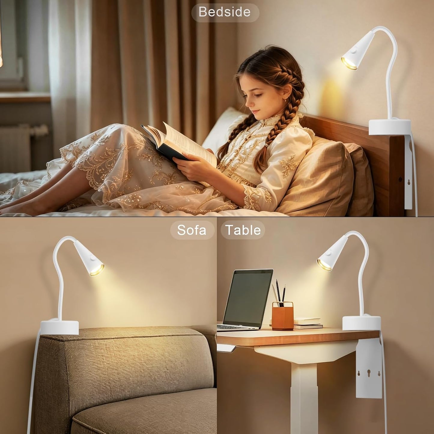 Headboard Reading Light, Black Bedside Lamp, No-Drill Book Light for Bedtime Reading, Dimmable LED, Flexible Gooseneck, 360°Adjustable, Plug-in Reading Lamp Movable-1 Pack