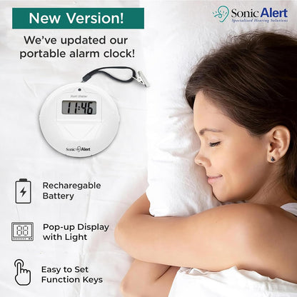 Sonic Shaker SBP200 White Compact Travel Alarm Clock – Pop-Up LCD Digital Screen – Bed Shaker Vibration – Buzz and Vibrate Modes – Rechargeable Alarm Clock