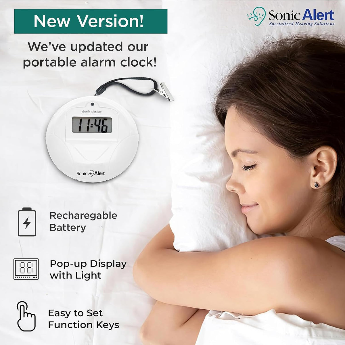 Sonic Shaker SBP200 White Compact Travel Alarm Clock – Pop-Up LCD Digital Screen – Bed Shaker Vibration – Buzz and Vibrate Modes – Rechargeable Alarm Clock
