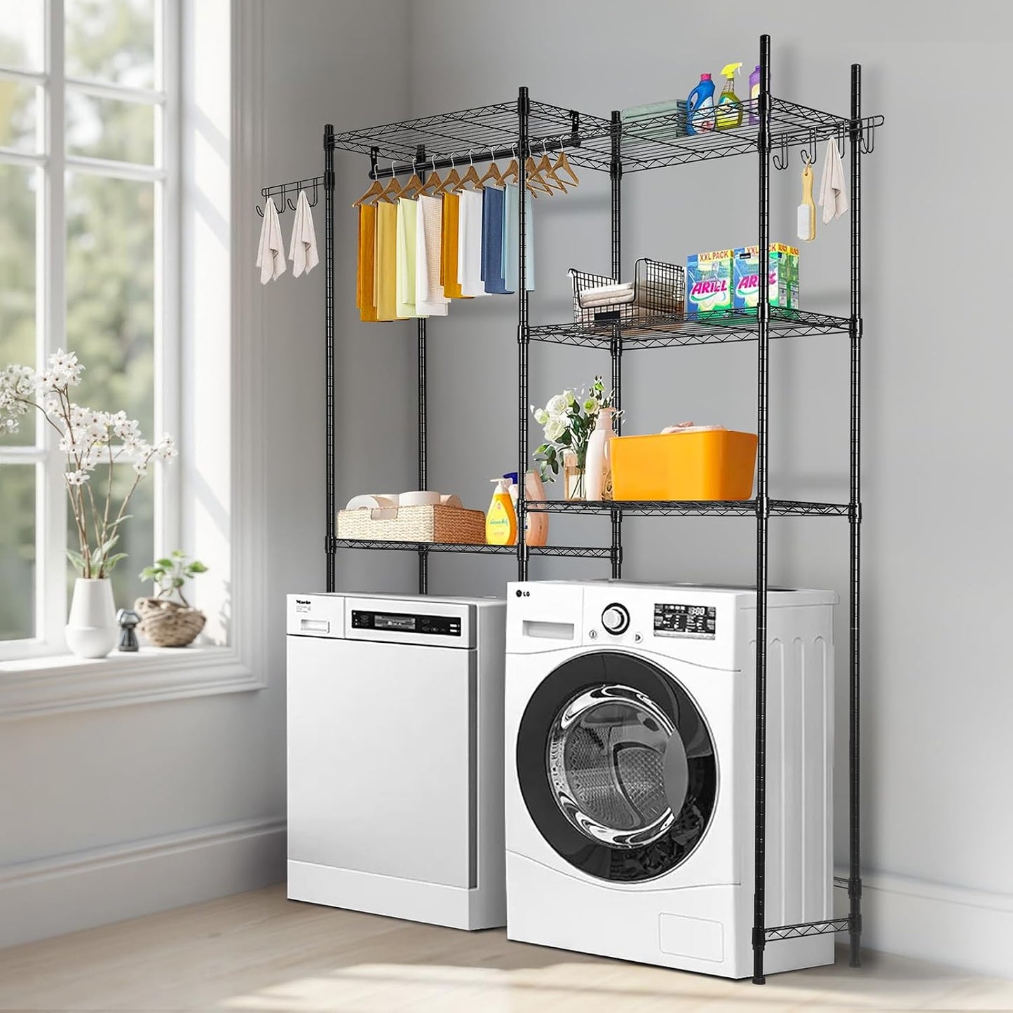 VEVOR Over the Washer and Dryer Storage Shelf, 5 Tier Laundry Room Drying Rack with Hanger Rod and Hooks, Adjustable Over Washer and Dryer Shelves, Laundry Room Shelf Storage Space Saver, White