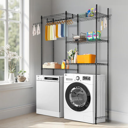 VEVOR Over the Washer and Dryer Storage Shelf, 5 Tier Laundry Room Drying Rack with Hanger Rod and Hooks, Adjustable Over Washer and Dryer Shelves, Laundry Room Shelf Storage Space Saver, White